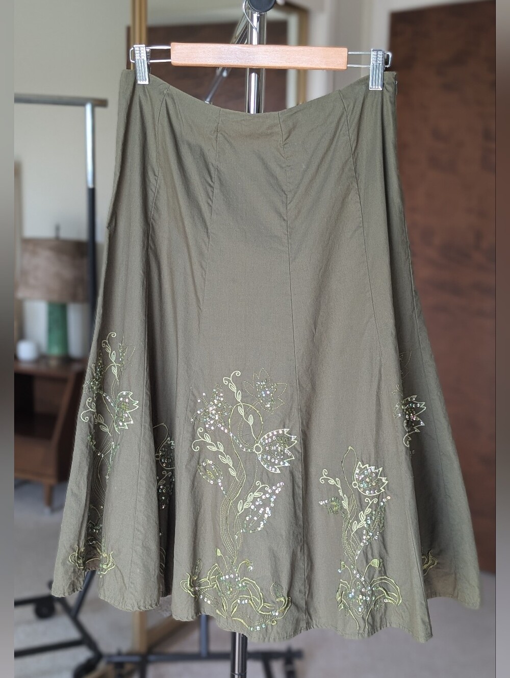 Sunny Leigh Olive Green 100% Cotton A-Line Skirt with Floral Embroidery Size 10